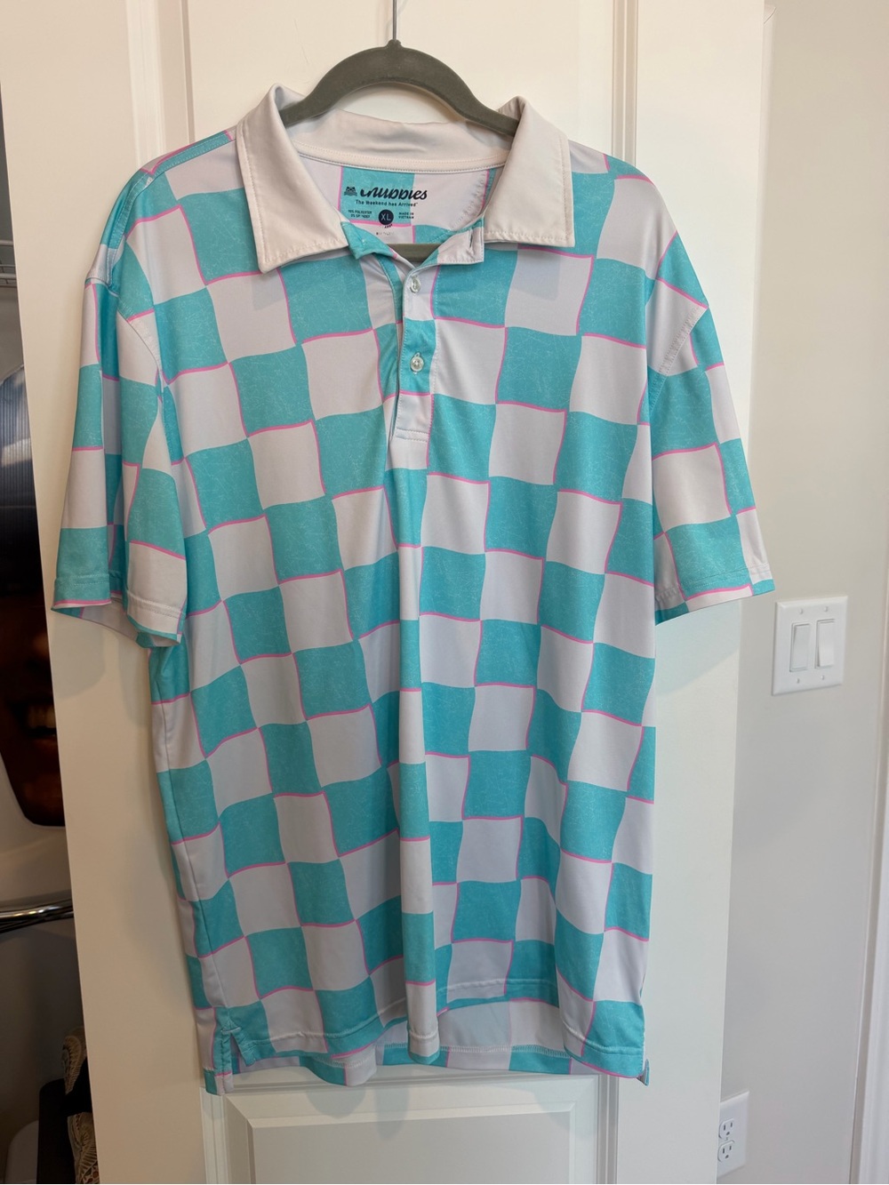 Chubbies Polo Shirt Mens XL Turquoise Checkered Weekend Golf Performance Stretch